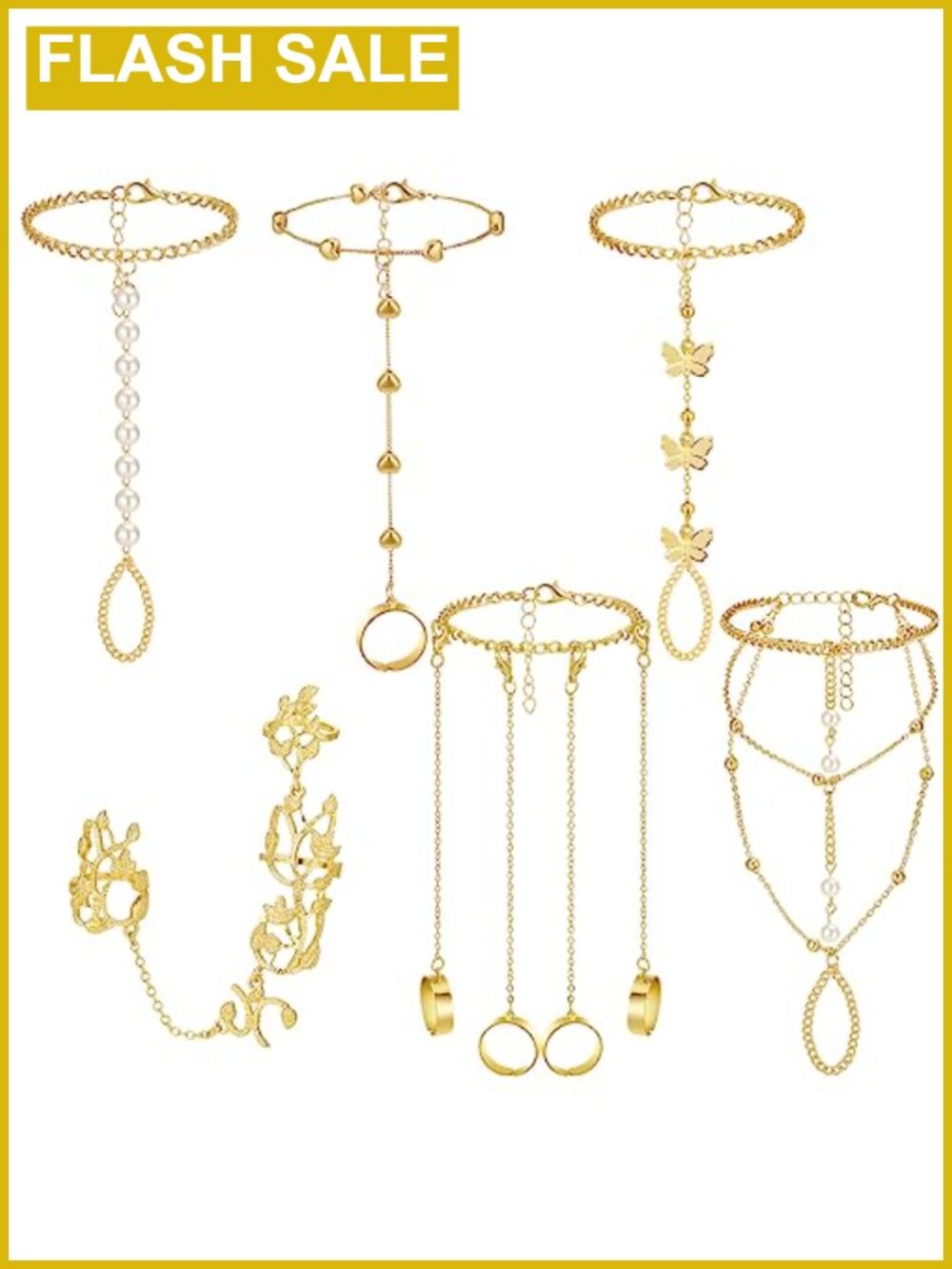 6 Piece Rhinestone Hand Chain Bracelet Set Gold